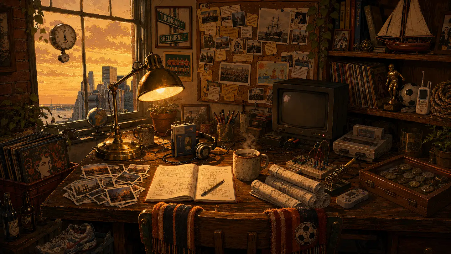 A warmly lit workshop filled with creative tools and sketches